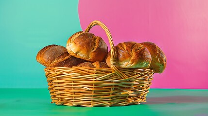 Straw basket filled with breadon green and magenta background