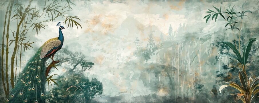 Vintage wallpaper of an exotic jungle with peacocks, bamboo groves and tropical rains in soft pastel colors. mural art style. 