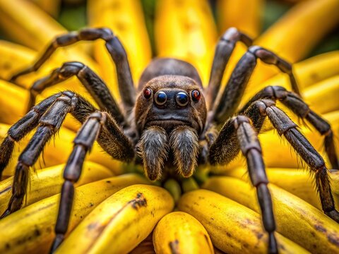 Vibrant yellow bananas provide a striking backdrop for a closeup of the notorious Brazilian wandering spider, its sleek black body and menacing eyes on full display.