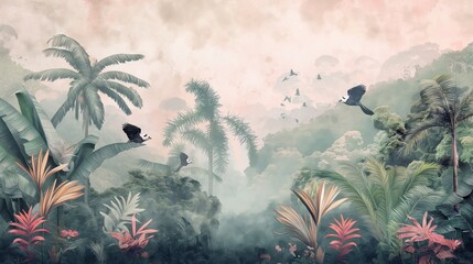Vintage wallpaper of dense jungle in pastel colors, illustrating songbirds and pandas in the background, oil painting. 