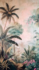Vintage wallpaper of dense jungle in pastel colors, illustrating songbirds and pandas in the background, oil painting. 