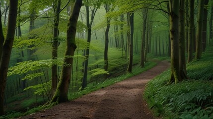 Walkway in a green spring forest