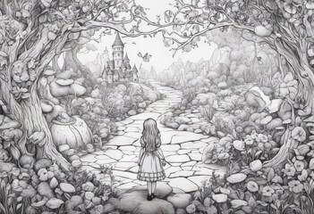 wonderland story adventure vintage background outline olated white art texture alice fantasy illustration drawn hand