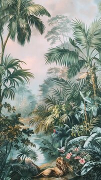 Vintage wallpaper of dense jungle in pastel palette, illustrating macaws and lions in the background, oil painting. 