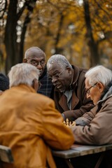 Fototapeta premium Group of elderly men play chess game outdoors in park with autumn trees. Multiethnic seniors engage in strategic board game under sunny sky. Senior citizens socialize and enjoy leisure time together.