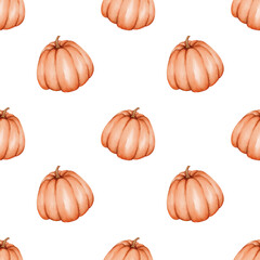 Watercolor seamless pattern with orange letters on a white background. Hand drawn illustration of pumpkin vegetable. Autumn theme, harvest festival, Halloween. Pumpkin menu, food and drink design.