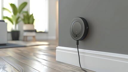 The black plug is plugged into the power lines plug inserted in a white wall socke