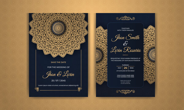 Luxury blue wedding invitation card template golden mandala with arabesque pattern