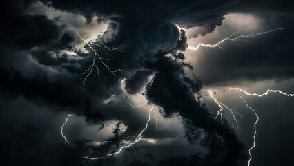 Dramatic Black Storm Clouds with Lightning and Smoke on 
Transparent Background. Generative Ai
