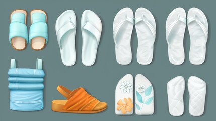 Realistic mockup set of spa clothing including soft slippers for home and beach made from textile cotton illustrated in vector format