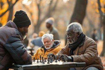 Obraz premium Three men play chess on a black table in a park surrounded by trees and people. Elderly individuals engage in strategic game outdoors. Multiethnic group enjoys leisure activity together.