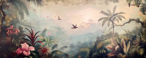 Vintage wallpaper of dense jungle with pastel colors, illustrating hummingbirds and gorillas in the background, oil painting. 