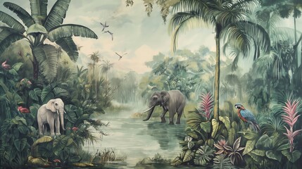 Vintage wallpaper of dense jungle with pastel colors, illustrating macaws and elephants in the background, oil painting. 