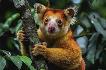Fototapeta premium A tree kangaroo climbing high branches in the New Guinea rainforest, its vibrant reddish-brown fur and powerful limbs in full display.