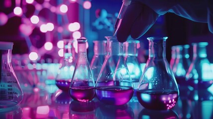 Science and medicine scene showing a scientist analyzing and dropping a sample into glassware with experiments containing chemical liquids in a laboratory setting featuring DNA structure