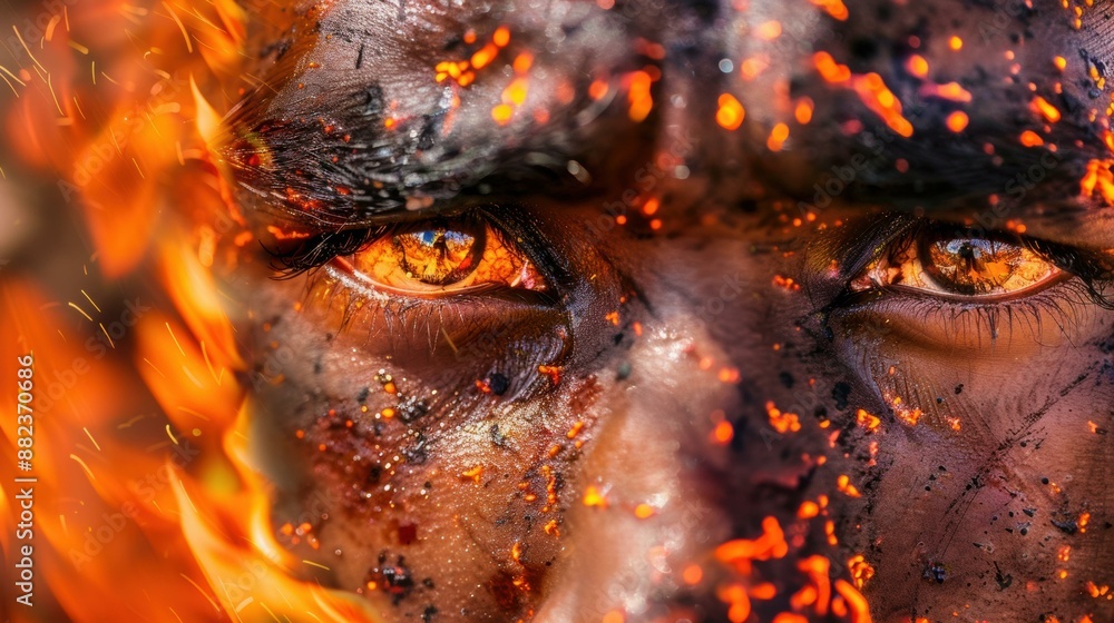 Sticker A close-up of a man's face with fire in the background. AI.