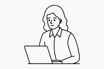 Office lady working on laptop line art