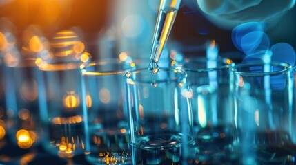 Science and medicine scene showing a scientist analyzing and dropping a sample into glassware with experiments containing chemical liquids in a laboratory setting featuring DNA structure