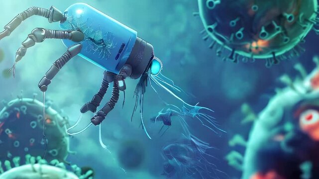 Nanorobots attack bacteria in cells. Biological robots are introduced into the affected cell, future technologies