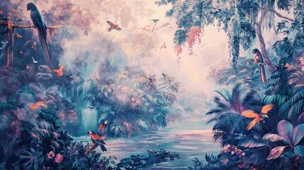 Vintage wallpaper of dense rainforest with foxes and vibrant birds, pastel color, oil painting style. 