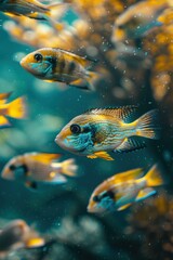Fototapeta premium A group of colorful fish swim in a blue-green water. AI.