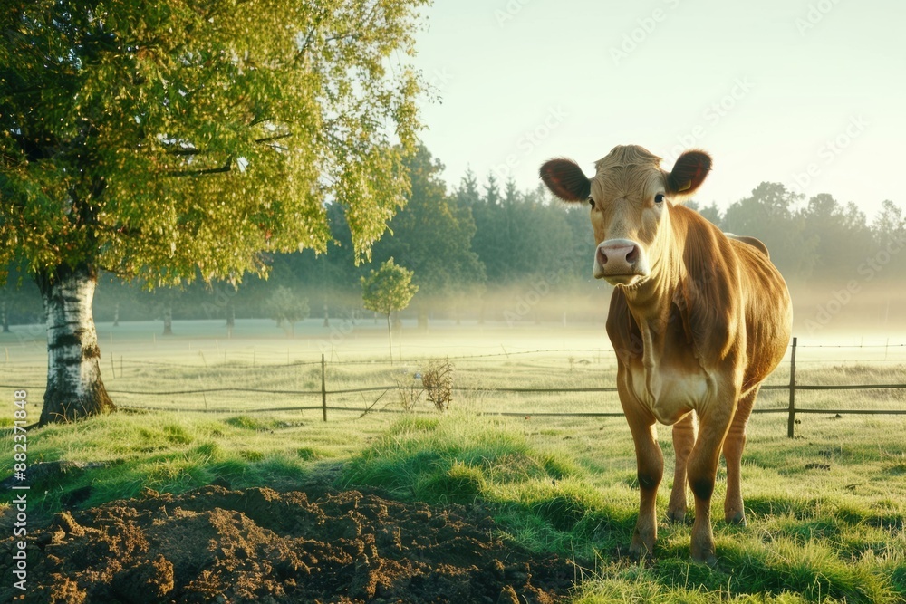 Sticker Cow standing in a lush green field looking at the camera. AI.