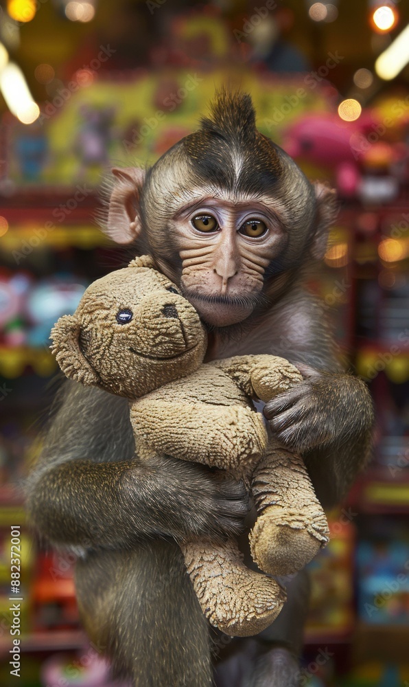 Canvas Prints A monkey is hugging a toy bear. AI.