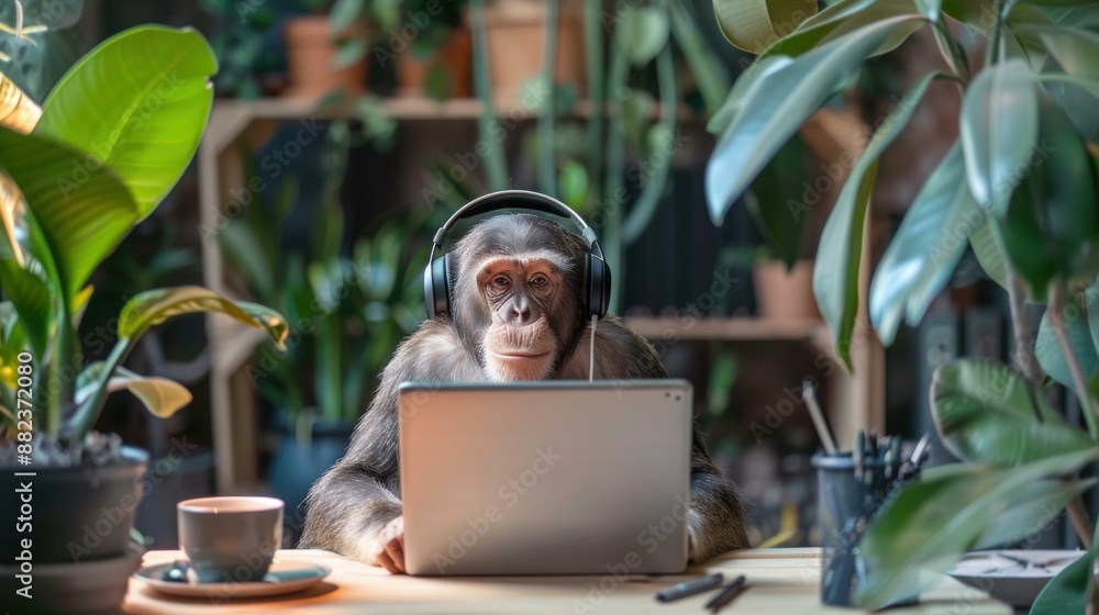 Wall mural A chimpanzee wearing headphones is sitting at a desk and using a laptop. AI.