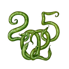 The number 2025 in the form of an intertwined ball of green snakes as a symbol of the Happy New Year of the Green Wooden Snake according to the eastern calendar. Watercolor illustration for templates