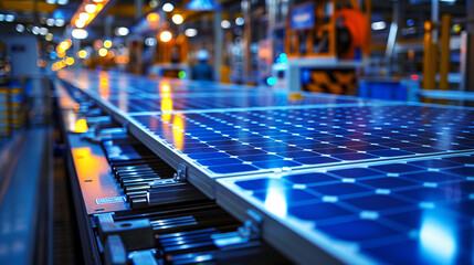 Closeup of newly manufactured solar panels at the factory on conveyer belt modern technology green energy