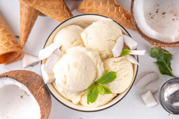 Vegan creamy coconut sorbet ice cream. Bowl with classic white coconut flavor non-dairy vegetarian gelato made with coconut milk, creamy frozen summer dessert