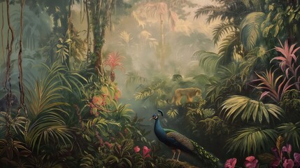 Vintage wallpaper of dense rainforest with pastel tones, depicting peacocks and lions in the background, oil painting. 