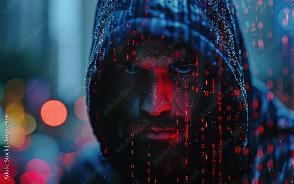 Poster a man in a hoodie is staring at the camera with a red face. the image has a dark and ominous mood, w
