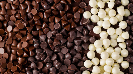 Fototapeta premium Dark Chocolate Drops: Rich and glossy, these drops have a deep, dark hue, exuding an intense chocolate aroma. They are slightly irregular in shape, adding to their artisanal appeal. 