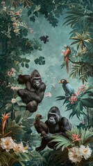 Fototapeta premium Vintage wallpaper of enchanted jungle with gorillas and exotic birds, pastel color, oil painting style. 