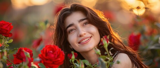 Fototapeta premium A beautiful young woman is standing in a field of red roses. AI.