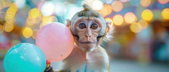 Monkey holding two balloons. AI.