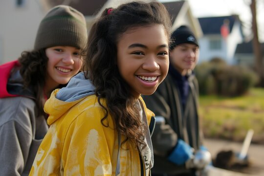 Teens from diverse backgrounds join community clean-up effort. Friends smile together wearing yellow and gray jackets with black beanies. Outdoor cleanup activity in neighborhood streets.
