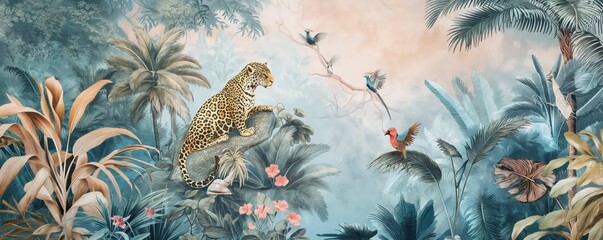 Vintage wallpaper of jungle canopy with jaguars and exotic birds, pastel color, oil painting style.  © Nika
