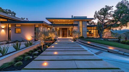 Fototapeta premium A beautiful modern house with a long driveway and a large tree in the front yard. AI.