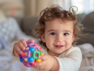 Cute baby playing with a colorful toy. AI.