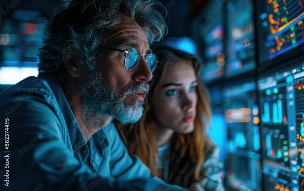 Poster a man and a woman are looking at a computer screen with many numbers and graphs. the man is wearing 
