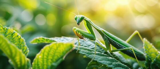 A green praying mantis on a leaf. AI.