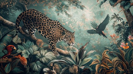 Vintage wallpaper of jungle canopy with jaguars and exotic birds, pastel color, oil painting style. 