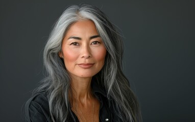 Fototapeta premium A woman with long gray hair is smiling for the camera. She is wearing a black shirt and a necklace