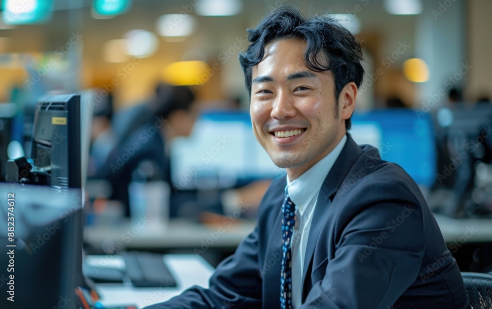 Aufkleber a man in a suit and tie is smiling at the camera. he is sitting at a desk with a computer monitor in