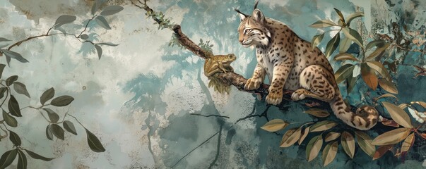 Obraz premium Vintage wallpaper of jungle canopy with lynx and tree frogs, pastel color, oil painting style. 