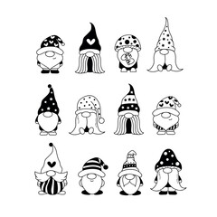 Cute outline scandinavian gnomes. Cartoon christmas gnomes for coloring page. Line art vector gnomes