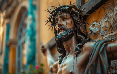 Obraz premium A statue of Jesus Christ with a crown on his head. The statue is made of bronze and is placed on a wall. The statue is surrounded by a blue and yellow background