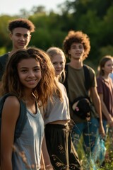 Fototapeta premium Teenagers participate in community clean-up event. Friends wear casual clothing, backpacks, smile together in green field with blue sky. Mixed ethnic backgrounds join hands to keep environment clean.